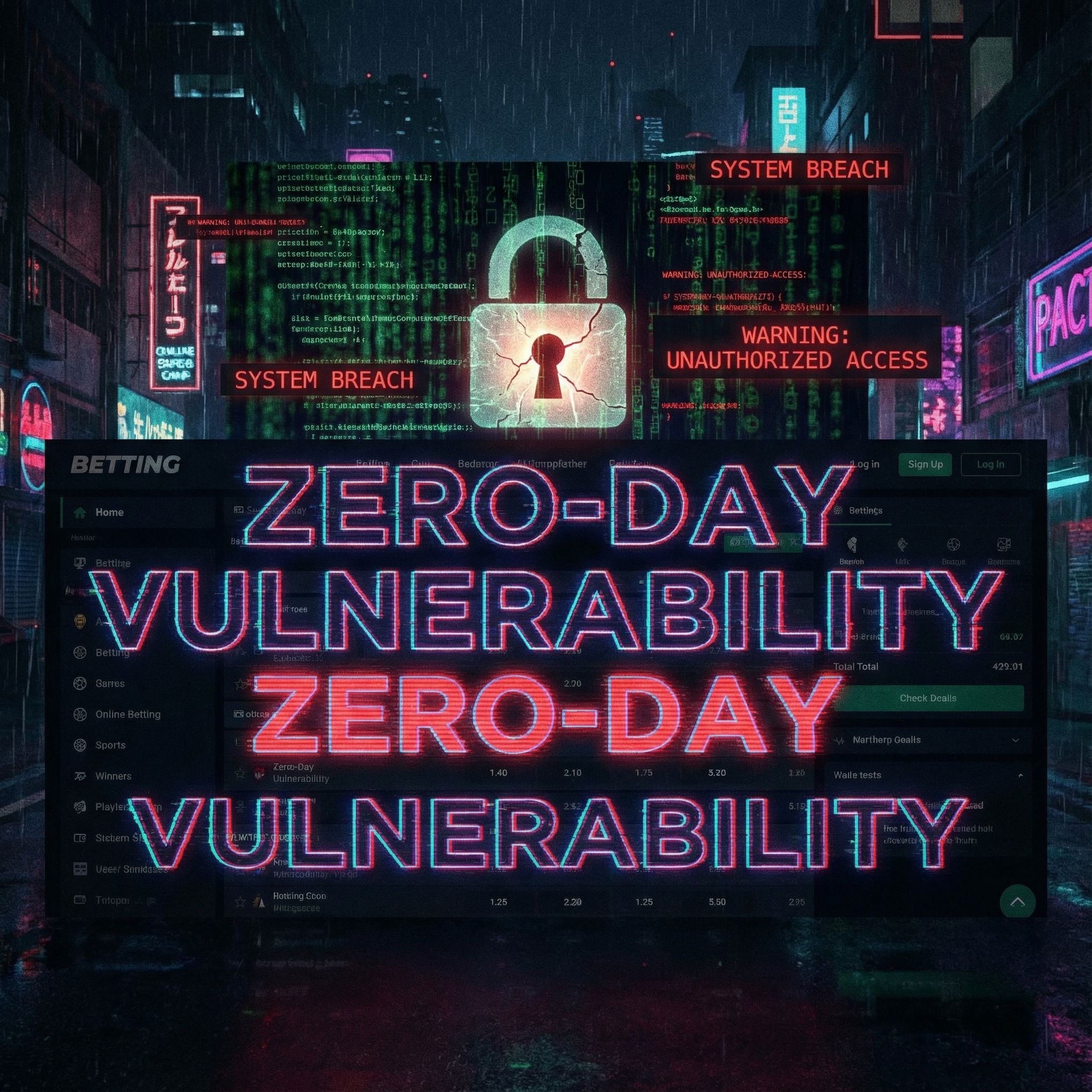 어두운 사이버펑크 화면에 붉은 경고창, 깨진 자물쇠와 코드 위 글리치 제목이 있는 모습이다