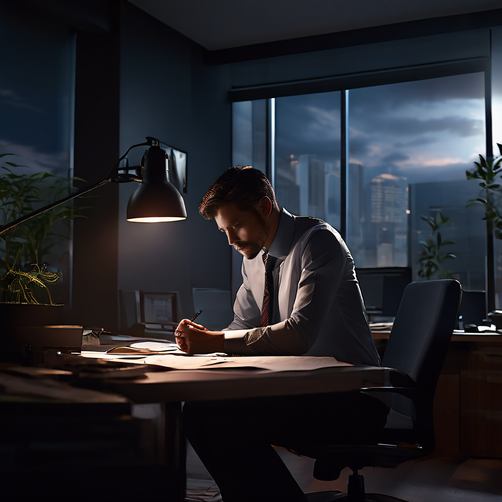 어두운 사무실에서 스탠드 불빛 아래 서류에 집중하며 펜을 움직이는 인물의 고요한 장면