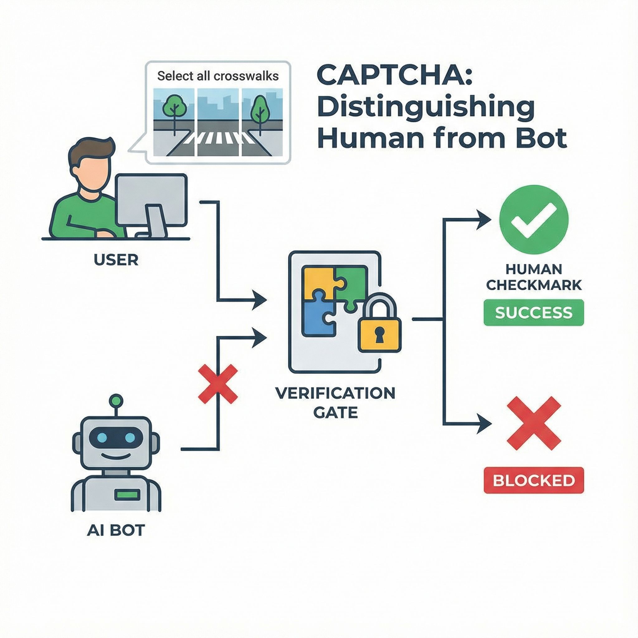 흰 배경 평면 인포그래픽에 사람 체크 통과, 봇 차단, 화살표 흐름 표시한 모습이다