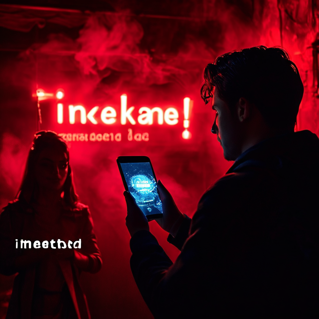 어두운 배경에 빛나는 스마트폰 화면에 유출사진 문자, 주변 사람들이 의심하며 바라보는 모습이다