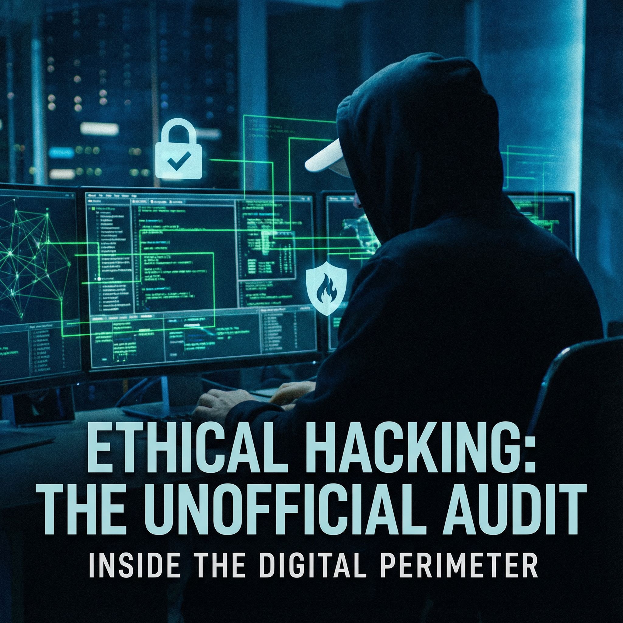 어두운 기술 배경에 흰모자 해커가 보안 대시보드를 보며 코드와 방화벽 아이콘을 분석하는 모습이다