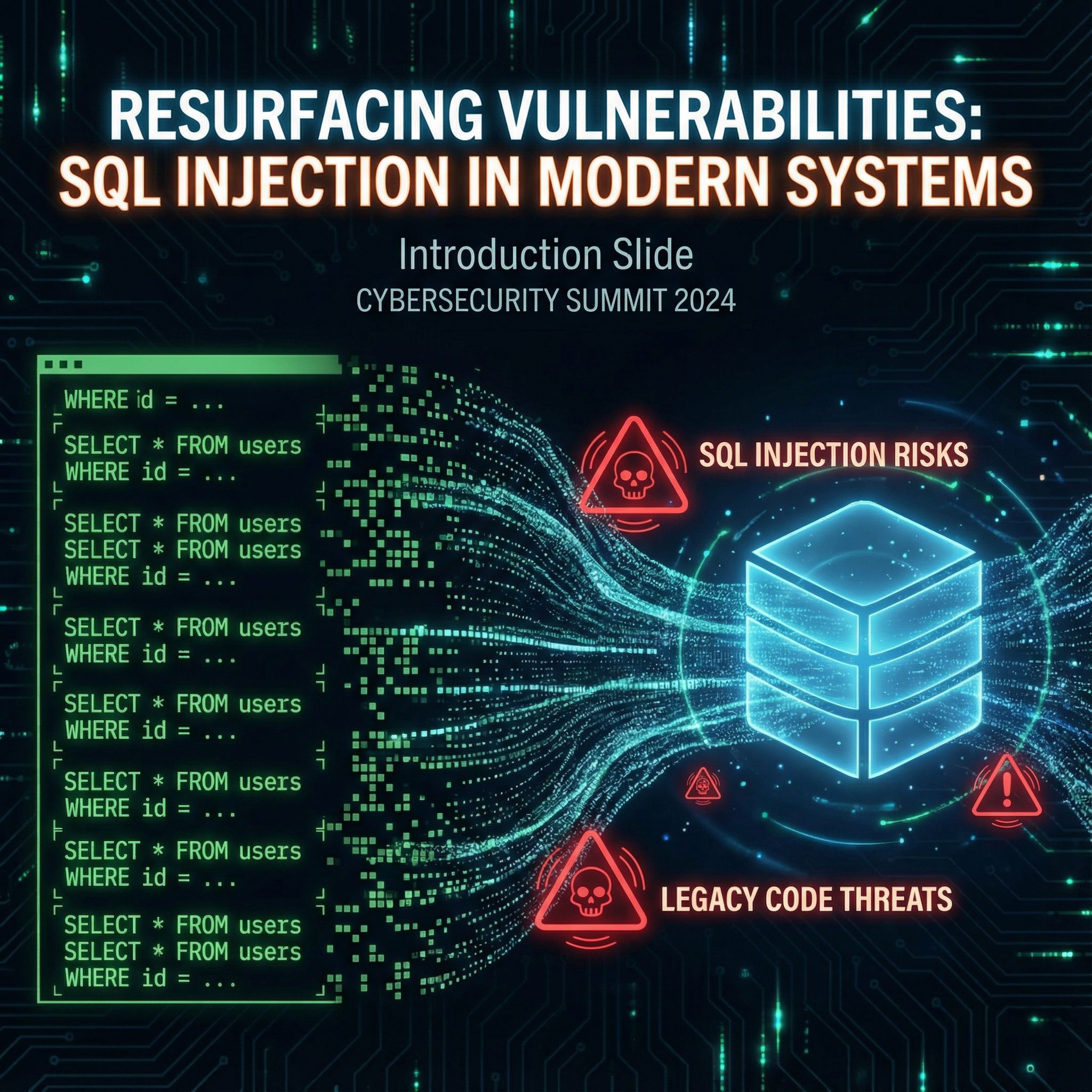 어두운 배경에 낡은 코드가 현대 DB로 변하고 경고 아이콘이 SQL 주입을 비춘 모습이다