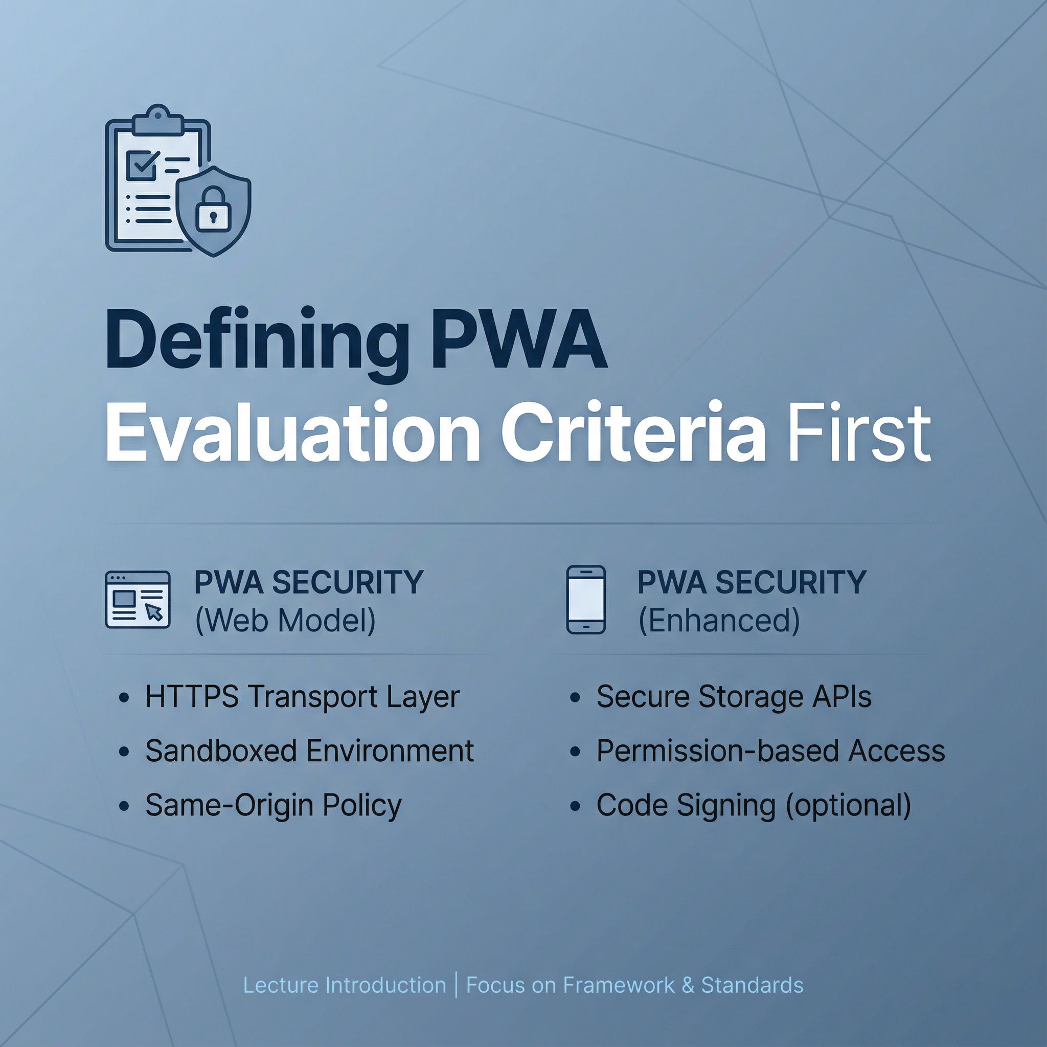 PWA 평가 기준을 먼저 정의하는 강의 슬라이드로 웹 모델과 강화 보안 항목을 나란히 배치해 전송 계층, 저장소 API, 권한 기반 접근 차이를 정리한 화면이다