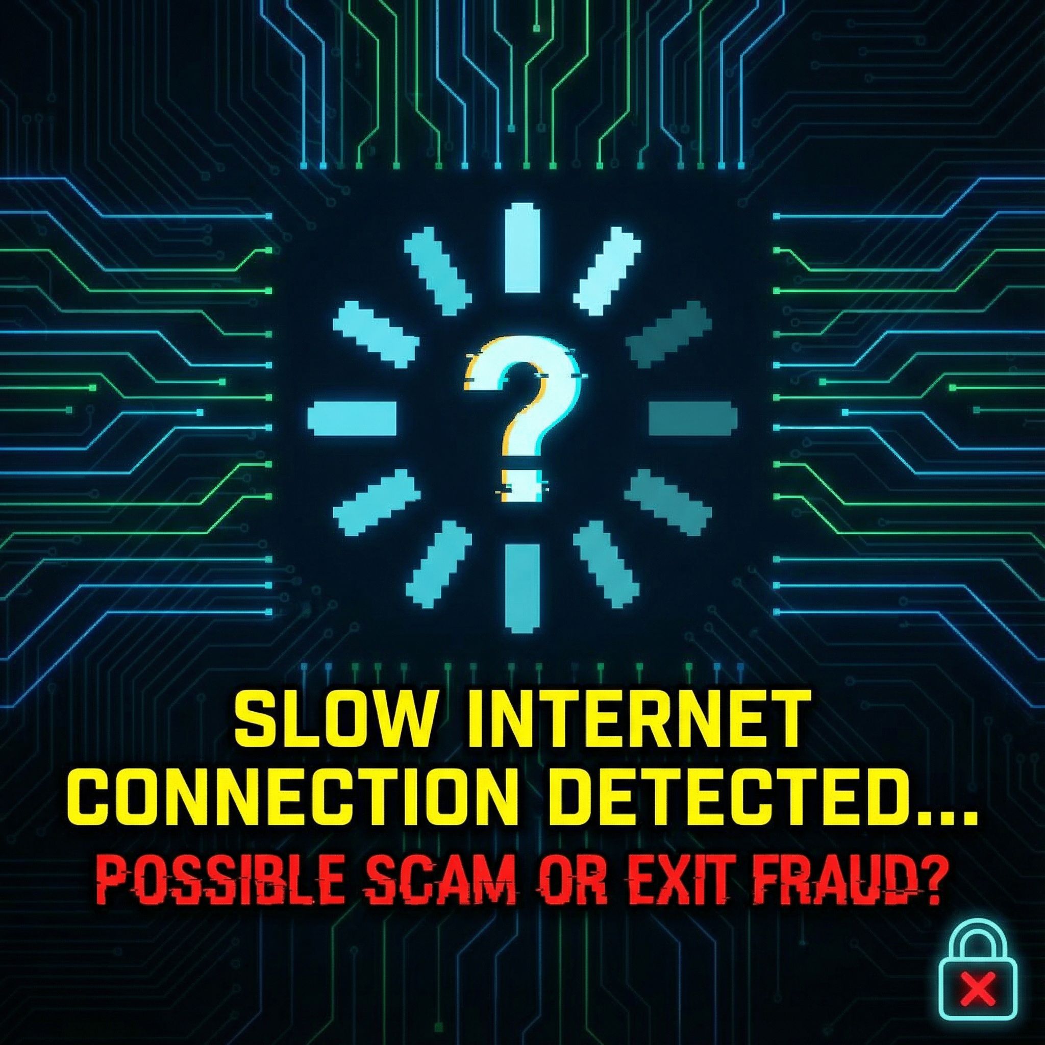 어두운 기술 배경에 로딩 스피너와 느린 연결 경고, 물음표가 있는 모습이다