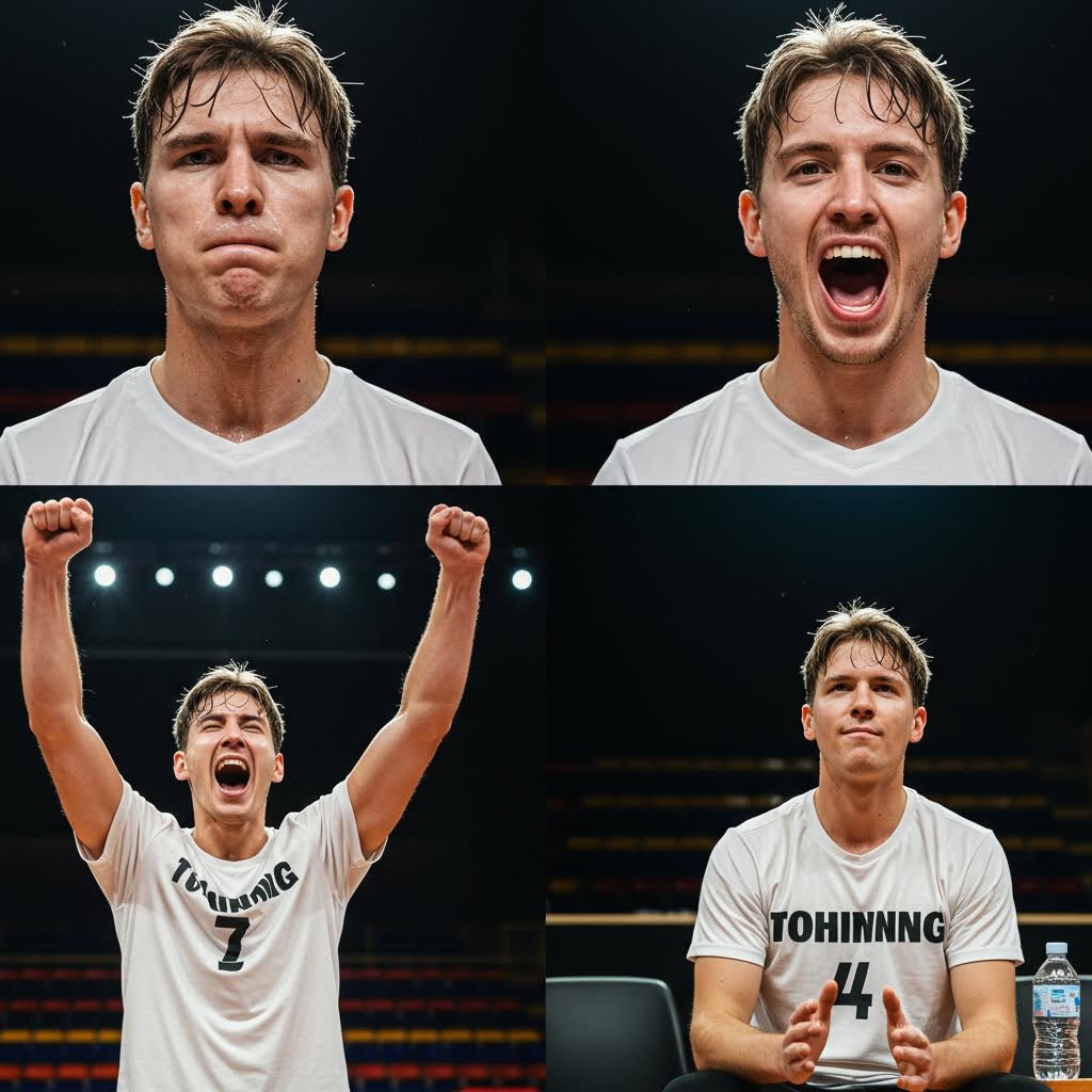젊은 남성이 경기장에서 울컥한 표정과 환호, 두 팔을 치켜드는 기쁨, 벤치에서 진지하게 앉아 있는 모습 등 다양한 감정을 드러내는 장면이다