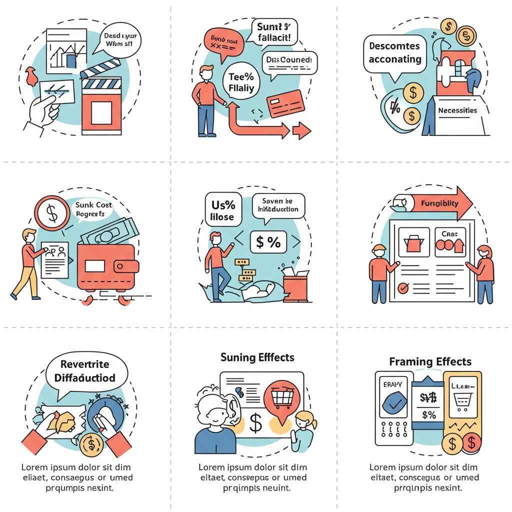 경제 개념과 행동경제학 요소를 간단한 그림과 아이콘으로 표현한 아홉 개의 일러스트가 격자로 배열된 장면이다