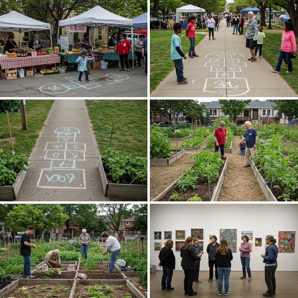 공원과 텃밭에서 사람들이 뛰놀거나 식물을 가꾸고, 실내 전시 공간에서 그림을 감상하는 모습이 여러 장면으로 구성된 일상의 풍경이다
