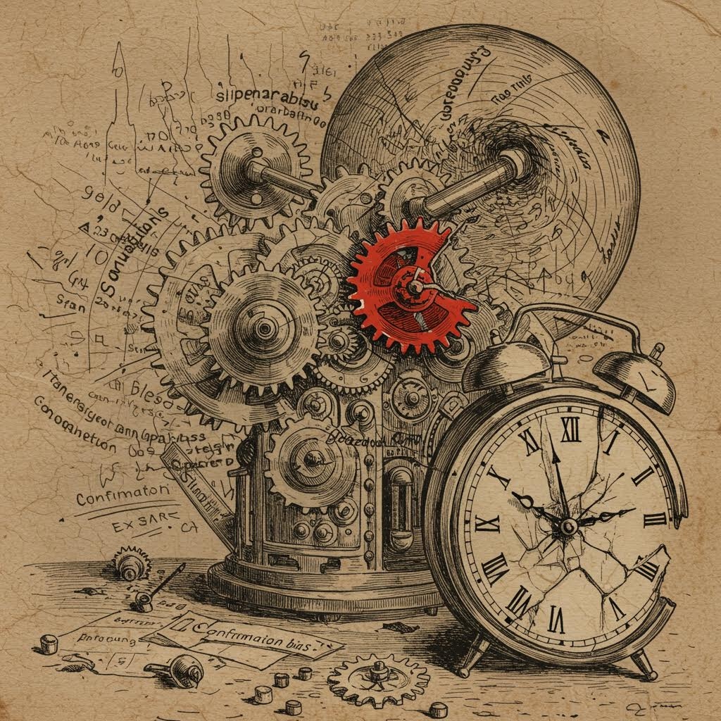 금빛과 은빛 톱니바퀴가 복잡하게 맞물린 장치 옆에 낡은 시계가 놓여 있으며 그 중 하나의 붉은 톱니가 강조된 기계 장면이다