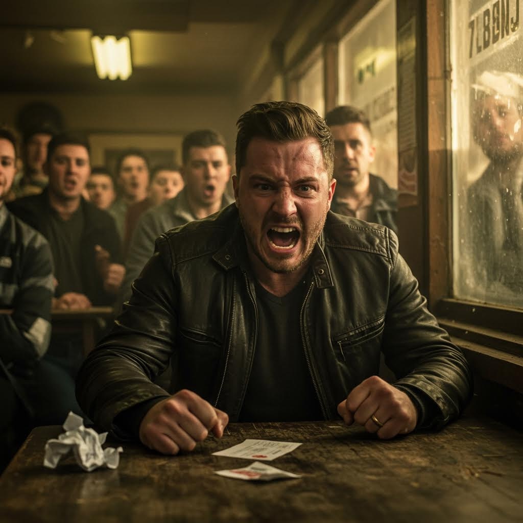 실내 공간에서 한 인물이 테이블을 움켜잡은 채 강한 감정을 표출하고 있고 주변 사람들이 놀란 표정으로 그 상황을 지켜보는 장면