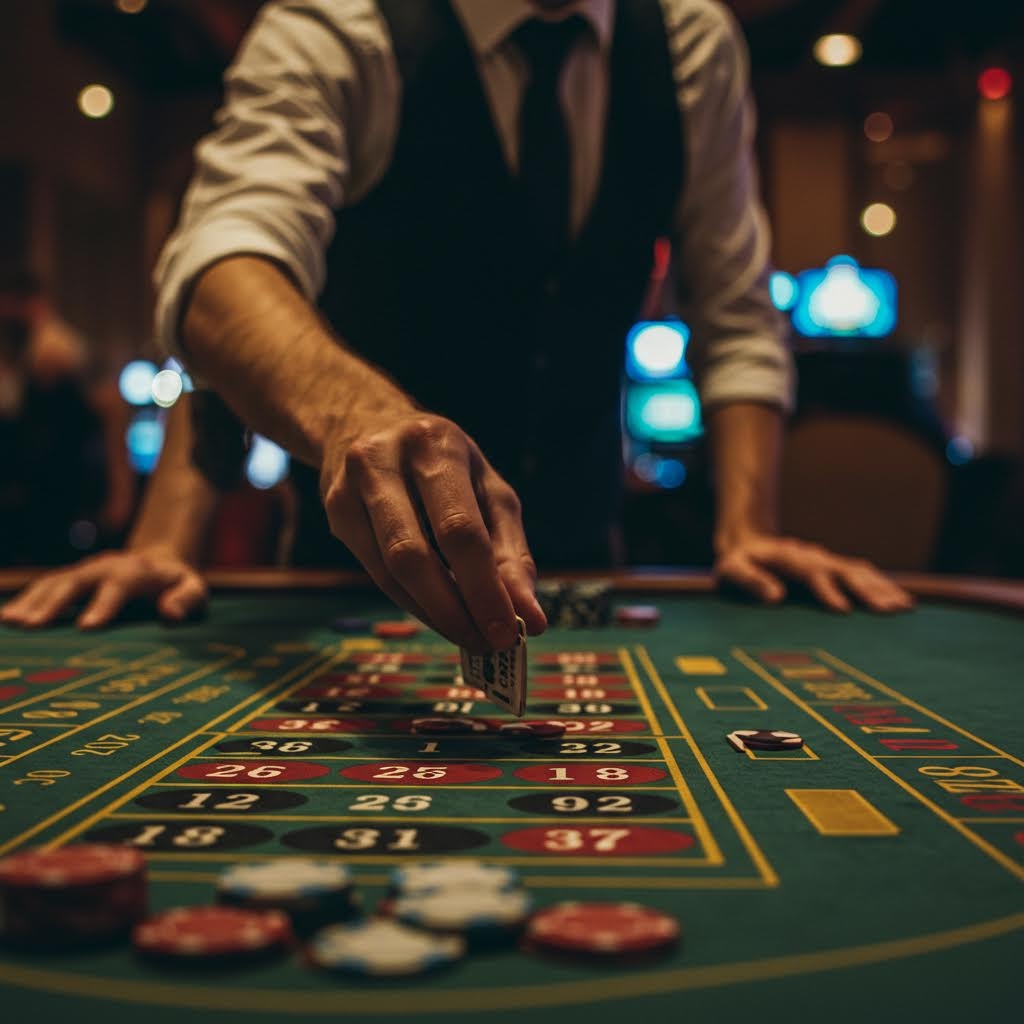 어두운 실내에서 딜러가 테이블 위 숫자와 색이 적힌 판에 칩을 올리는 순간을 가까운 시선으로 포착한 장면이다