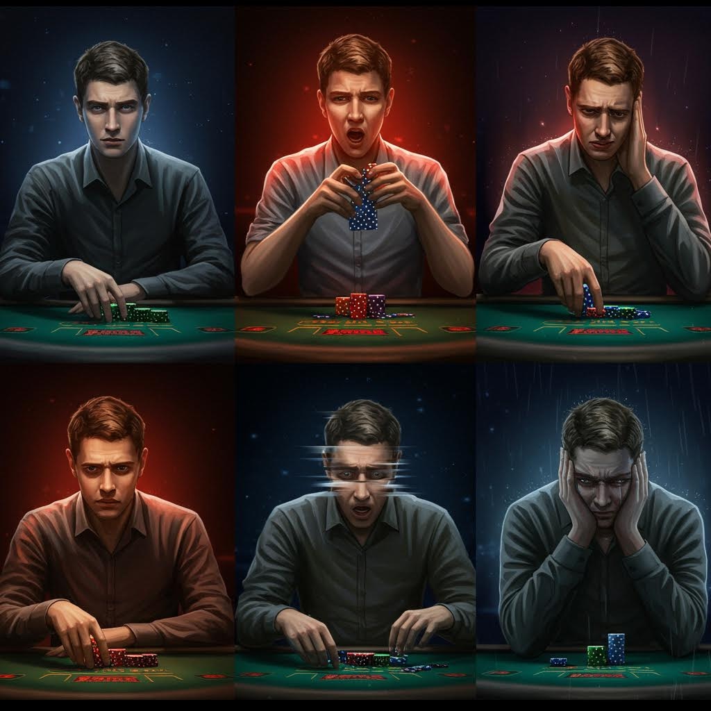 한 남성이 테이블 앞에서 칩을 만지며 집중, 고민, 좌절 등 서로 다른 표정을 짓는 순간들이 연속된 장면이다