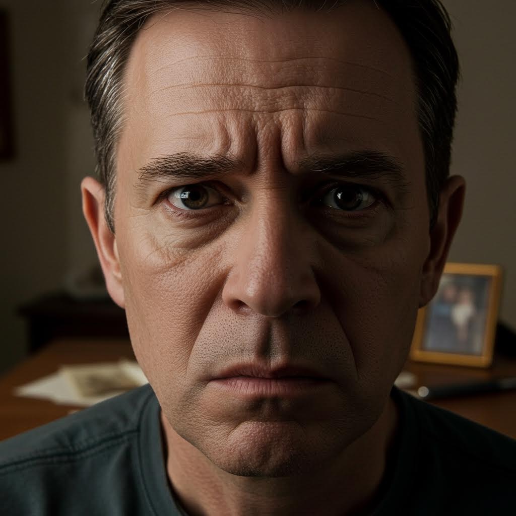 중년 남성이 근심 어린 표정으로 정면을 바라보며 배경에는 흐릿한 책상과 액자 등이 놓여 있는 고요한 실내 장면이다
