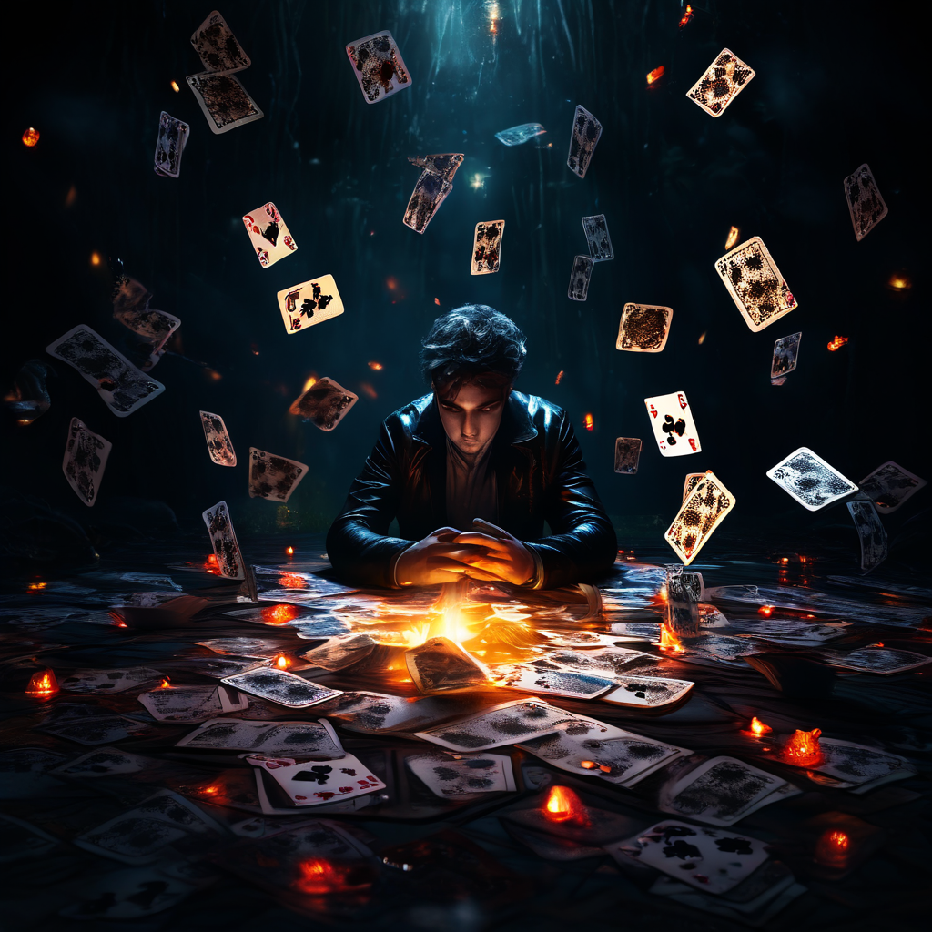 도박 중독의 늪에 빠져 헛된 대박의 꿈을 쫓으며 괴로워하는 사람을 보여주는 이미지.