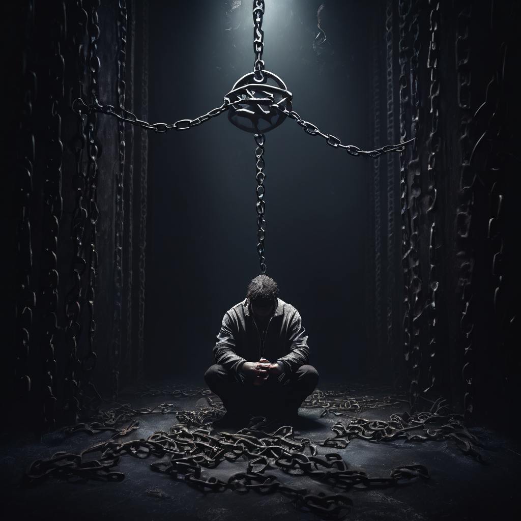 과거의 사소한 손실을 상징하는 동전 하나에 쇠사슬로 묶인 마음이 끝없는 절망의 심연으로 끌려 들어가는 모습을 통해 후회라는 심리적 덫에 갇힌 상태를 시각적으로 묘사하는 그림.