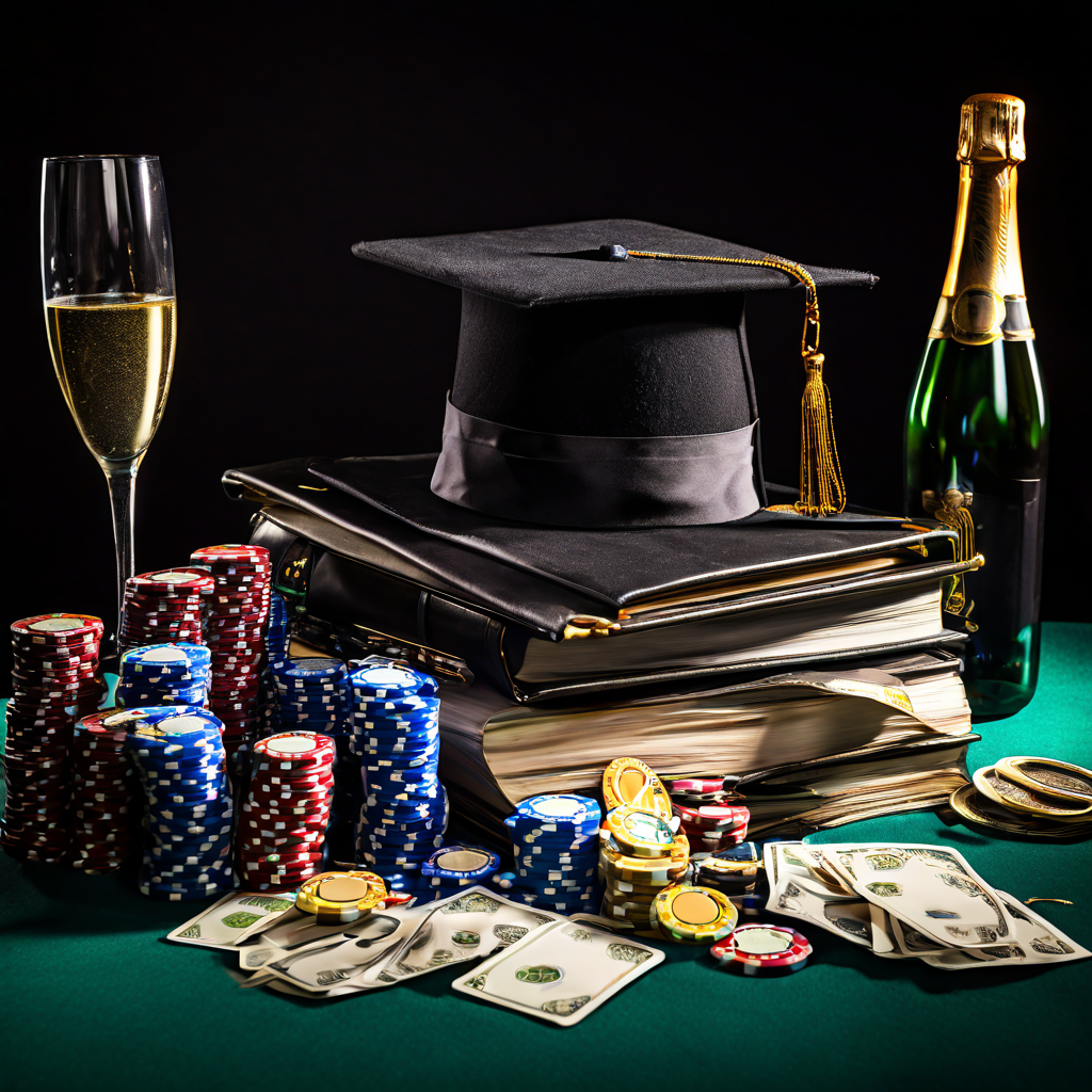 도박과 사치로 학자금을 탕진하여 학업의 꿈이 좌절되는 모습을 보여주는 그림.