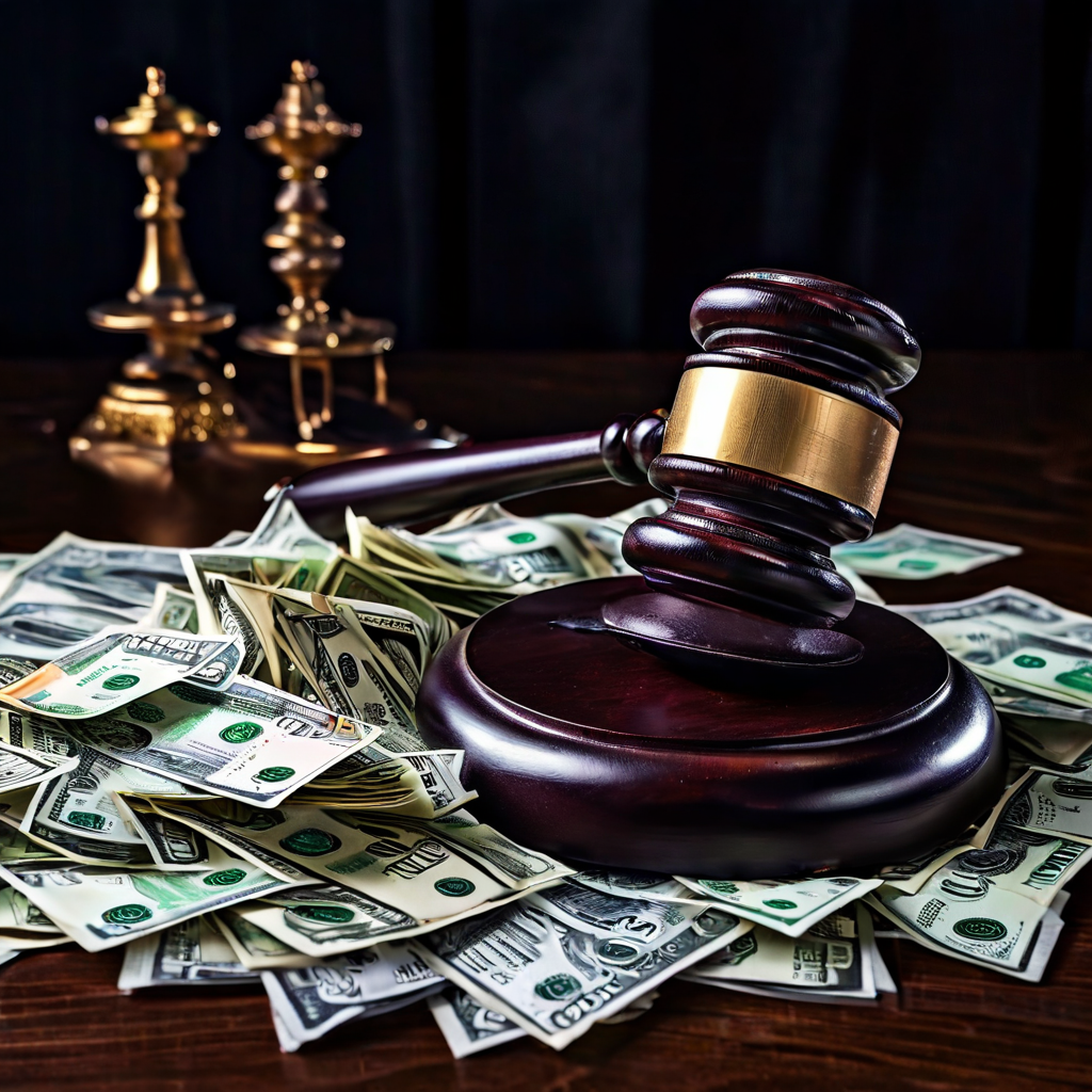 자산 몰수 판사봉이 불법 도박 자금인 현금 더미를 압류하고, 베팅 원금 환수 문제에 대한 의문을 제기하는 거대한 물음표를 보여주는 이미지.