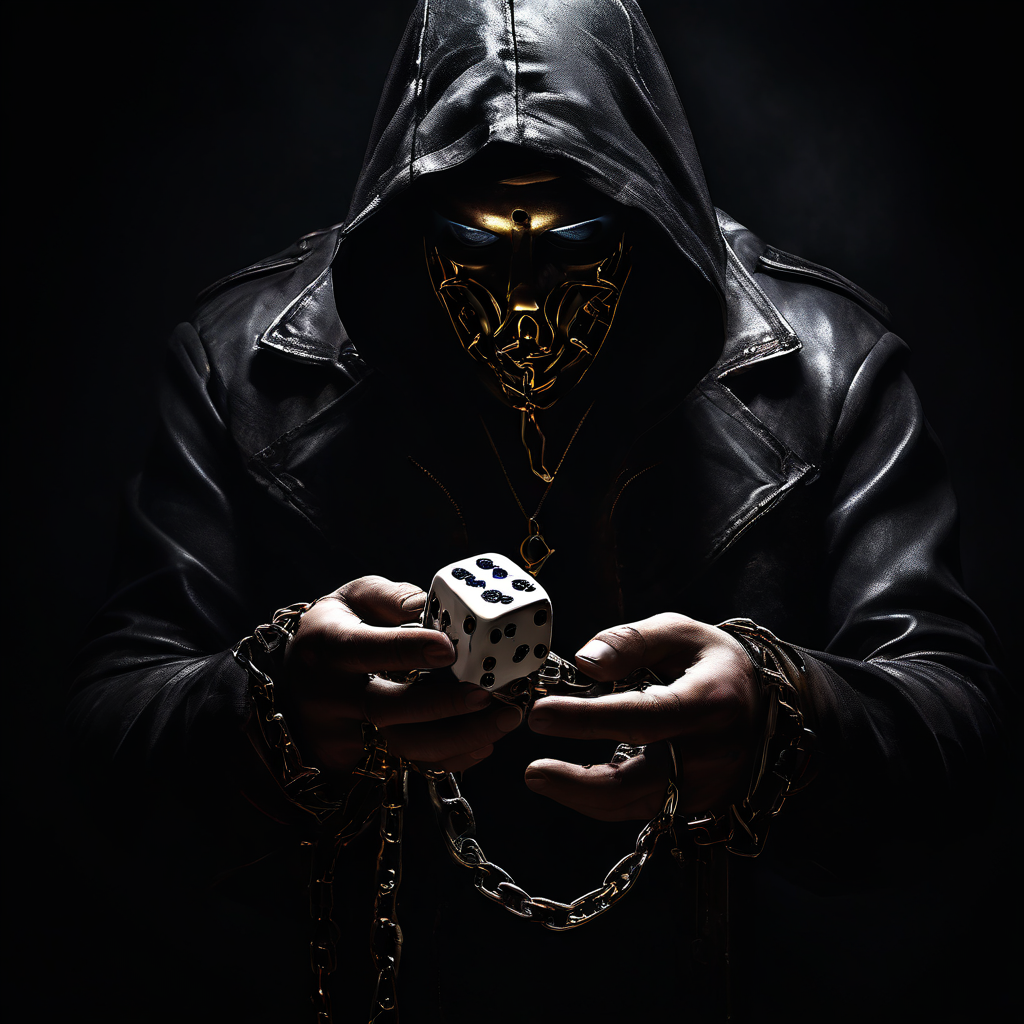 주사위를 든 도박사의 손과 사기꾼의 가면이 쇠사슬로 묶여, 도박 중독이 결국 사기나 범죄로 이어지는 불가분의 심리적 연결 고리를 상징적으로 보여주는 개념적 이미지.