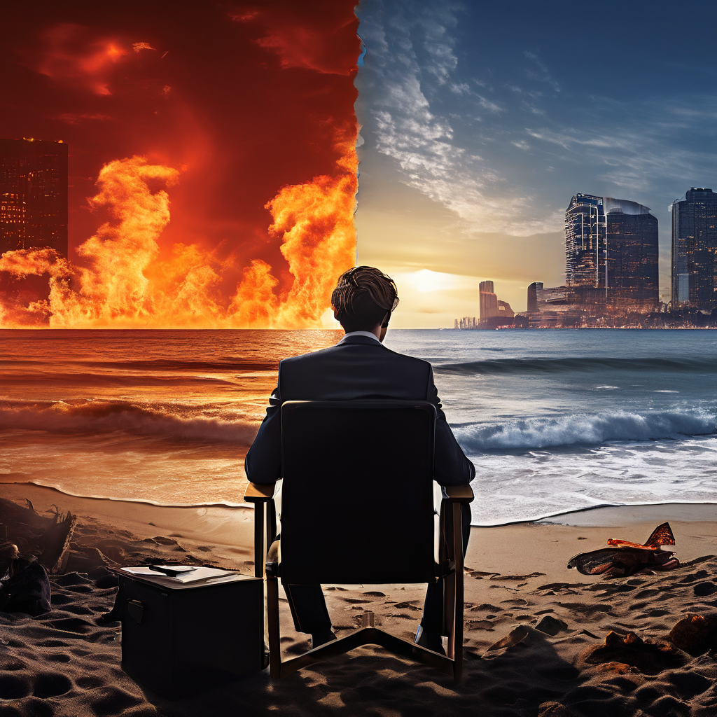 파이어족의 꿈인 해변에서의 조기 은퇴와 현실인 사무실 근무를 대비시켜 보여주는 이미지.