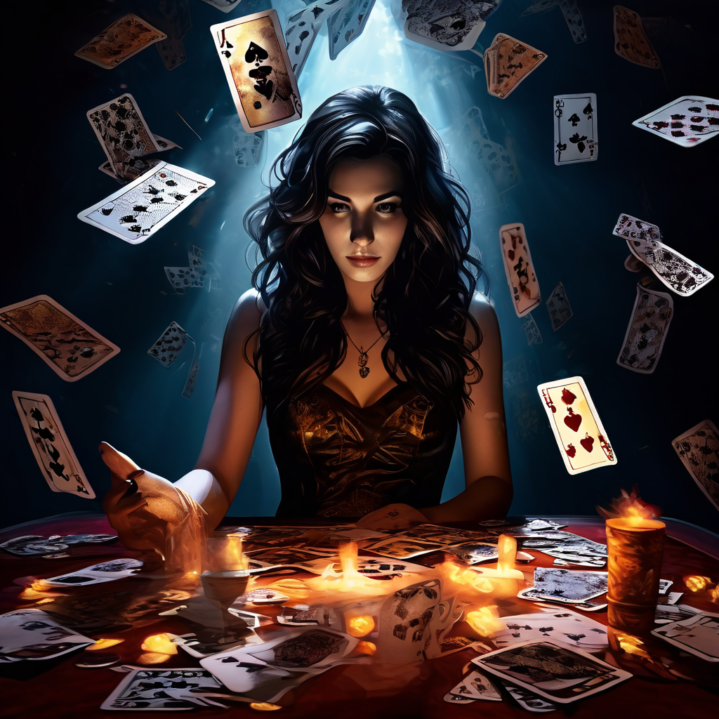 도박 중독을 상징하는 카드와 슬롯머신 그림자에 잠식당하는 여성을 보여주는 이미지.