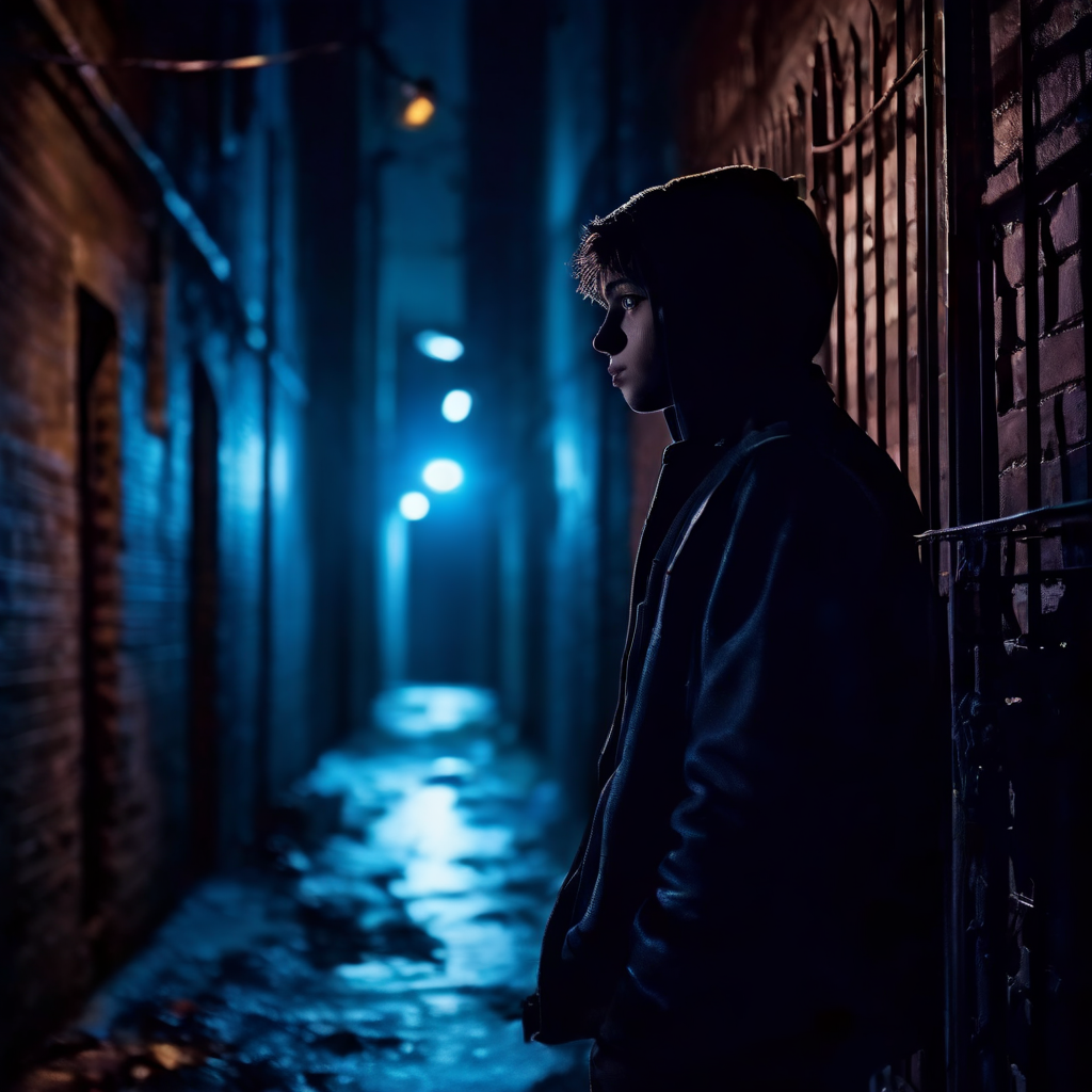 경찰 불빛이 만든 감옥 창살 그림자로 청소년의 돌이킬 수 없는 결과를 암시하는 이미지.