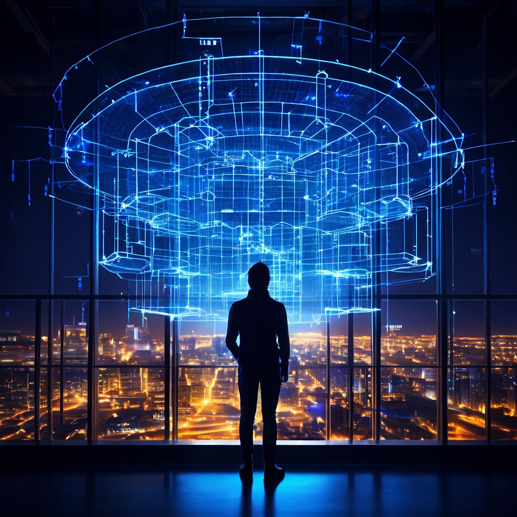 전문가가 복잡한 시스템의 설계를 분석하며 그 기반이 되는 견고한 보안 안전망을 확인하는 모습을 보여주는 이미지.