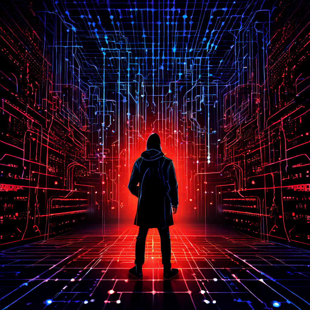 해커가 복잡한 디지털 네트워크의 취약점을 파고들어 데이터베이스 서버에 침투하는 사이버 공격 경로를 시각적으로 보여주는 정보 보안 이미지.