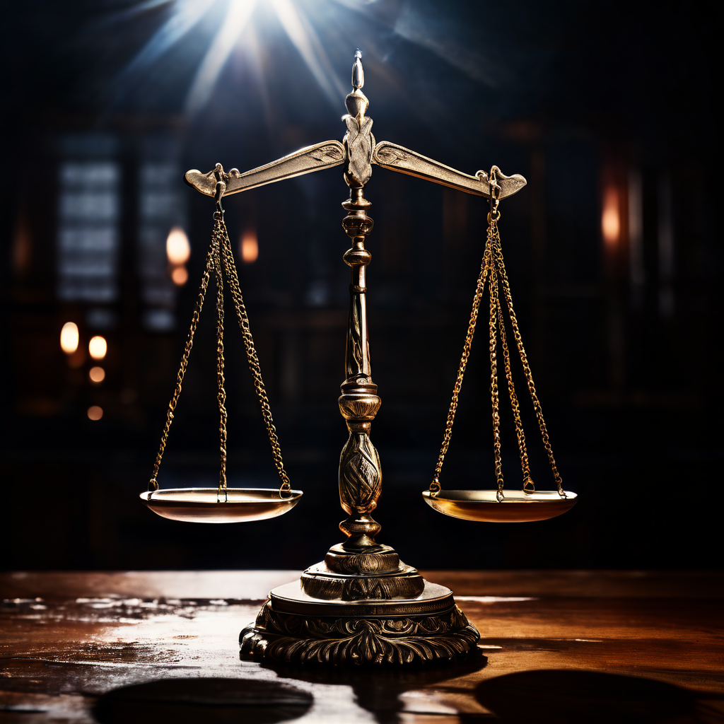 예측 불가능한 변수들이 법률 해석을 뒤집어, 한쪽으로 크게 기울어진 정의의 저울이 법의 공정성이 흔들리는 위태로운 상황을 묘사하는 이미지.