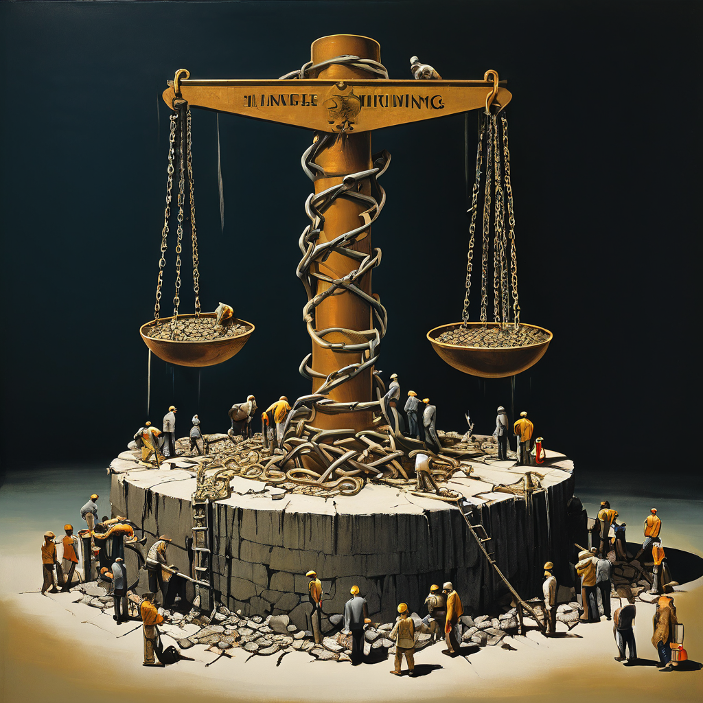 왜곡된 시장을 상징하는 거대한 불균형 저울과, 한쪽으로 기울어져 쇠사슬에 묶인 채 짓눌리는 노동자들을 통해 심화되는 노동 착취와 종속 문제를 보여주는 이미지.