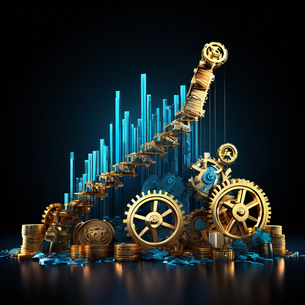 단기 수익 극대화 원리를 상징하는 톱니바퀴를 배경으로, 한 달간 급등하여 돈으로 만든 왕좌를 이룬 금융 투자 그래프를 보여주는 이미지.