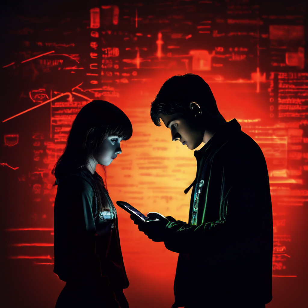 악의적인 인물이 스마트폰으로 학생을 유인하는 온라인 범죄의 위험성을 보여주는 이미지.