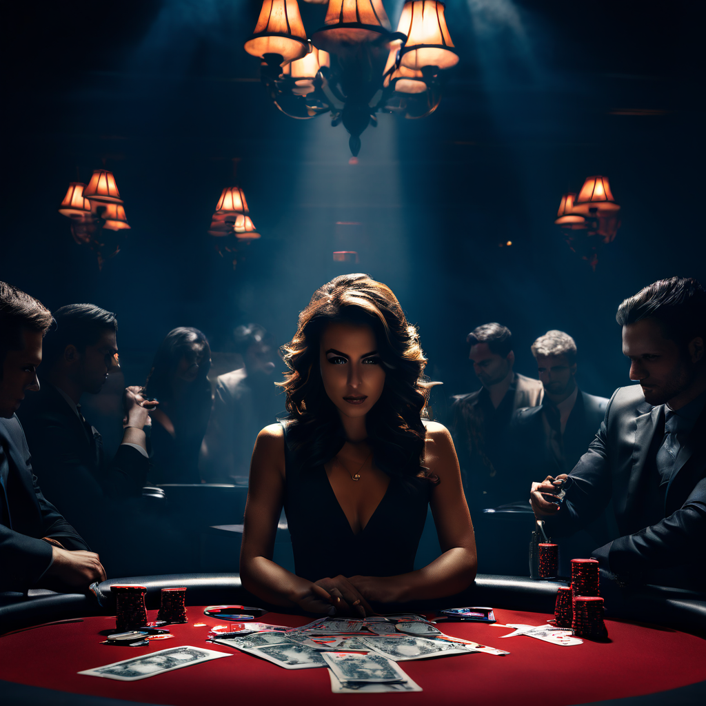 남성 중심적인 도박 문화 속에서 심리적 압박감을 느끼는 여성을 묘사한 이미지.