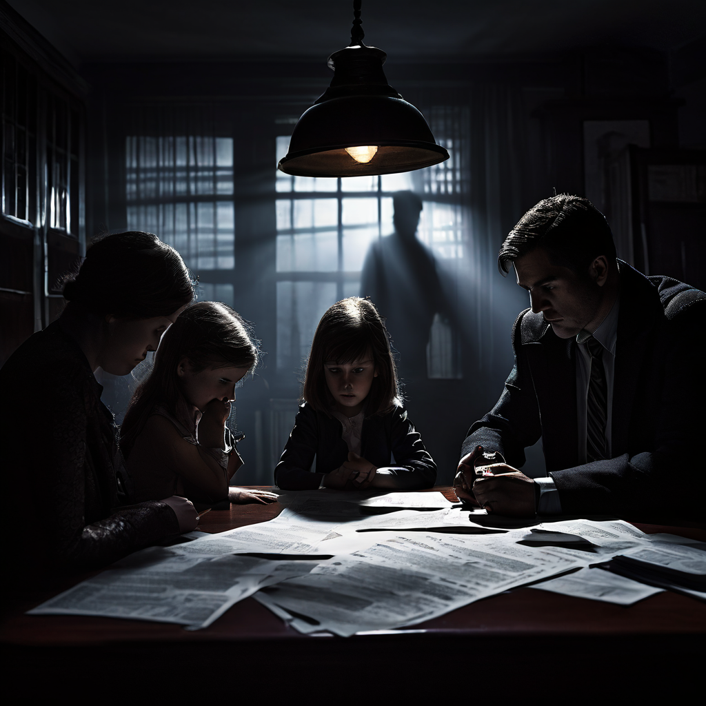 빚 독촉장을 받아들고 재정적 파국이 시작되었음을 직감하는 가족의 암울한 모습을 보여주는 이미지.