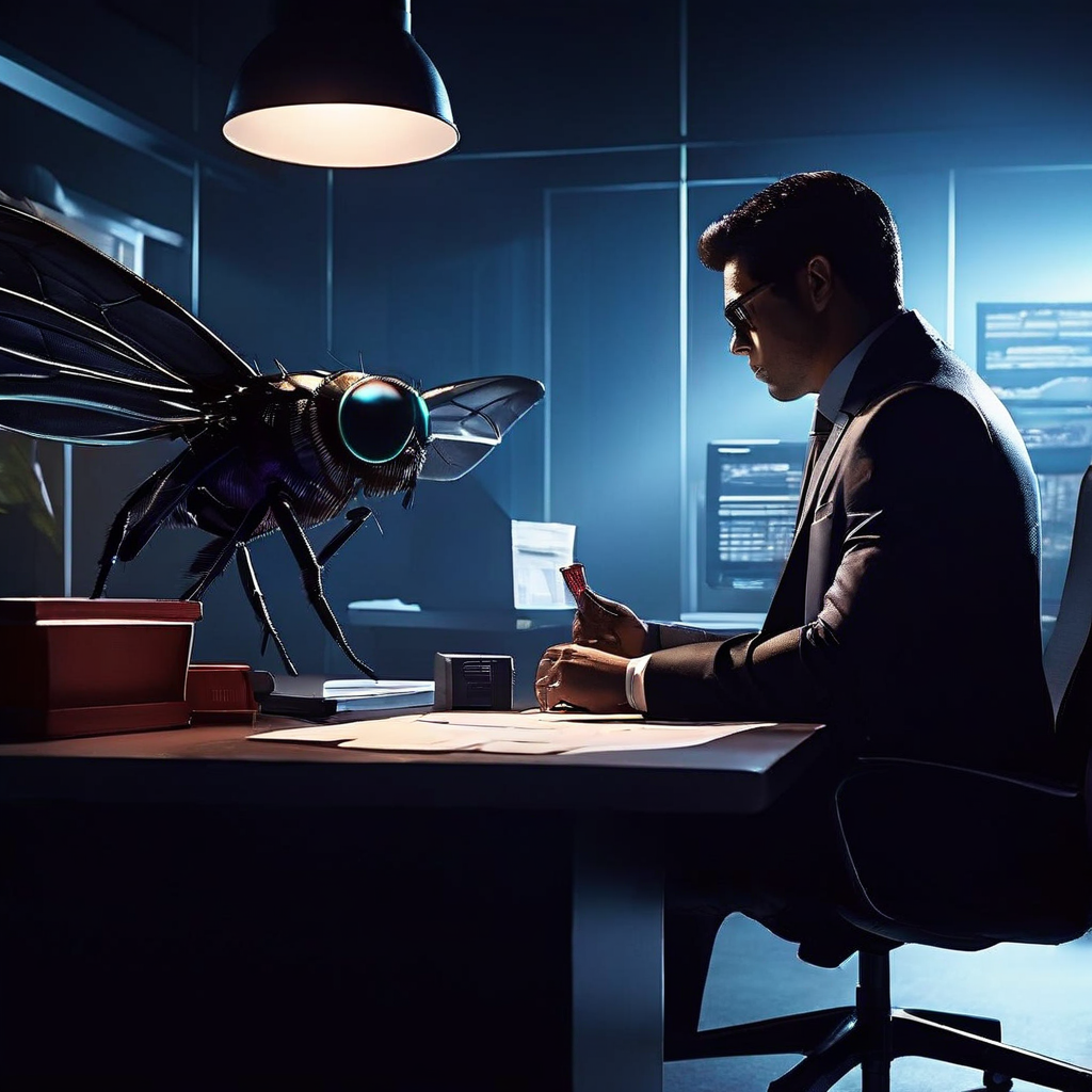 갑자기 나타난 유령 회사 사무실에서 그림자 같은 사기꾼이 아무것도 모르는 피해자를 약탈적인 금융 사기 범죄의 덫으로 유인하는 모습을 보여주는 이미지.