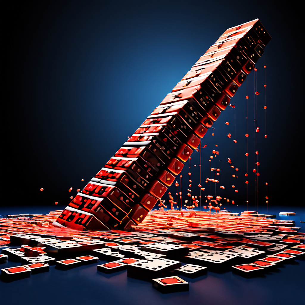 레버리지 도미노가 주식 차트를 덮쳐 강제 청산으로 이어지는 위험을 보여주는 그림