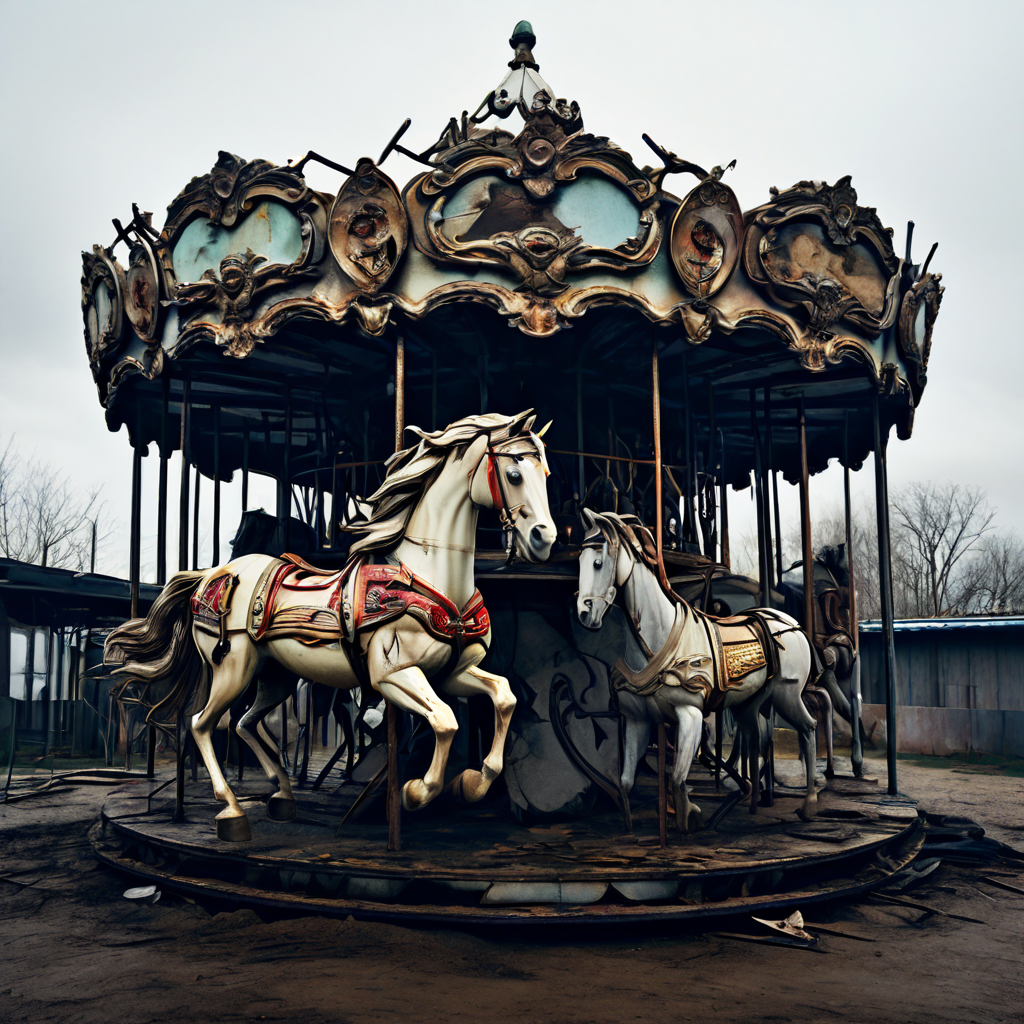 부서지고 낡은 시스템 속에서 겉모습만 바꾼 채 끝없이 회전하는 회전목마를 통해 피상적인 변화의 허무함을 상징적으로 보여주는 이미지.