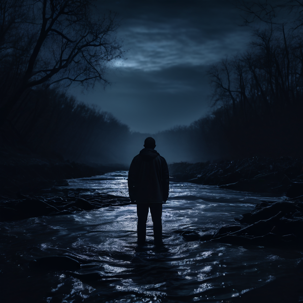 극심한 심리적 압박 속에서 한 사람이 돌이킬 수 없는 지점을 상징하는 강 앞에서 권리 포기 각서에 서명하는 절망적인 순간을 묘사하는 이미지.