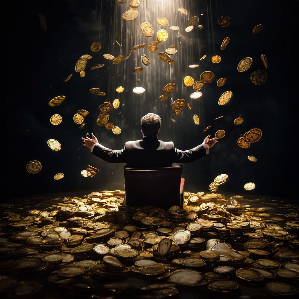 도박 중독으로 인해 카지노 칩 늪에 빠진 사람이 법적 구제를 상징하는 판사의 망치에서 내려온 동아줄을 잡으려는 절박한 모습을 묘사하는 그림.