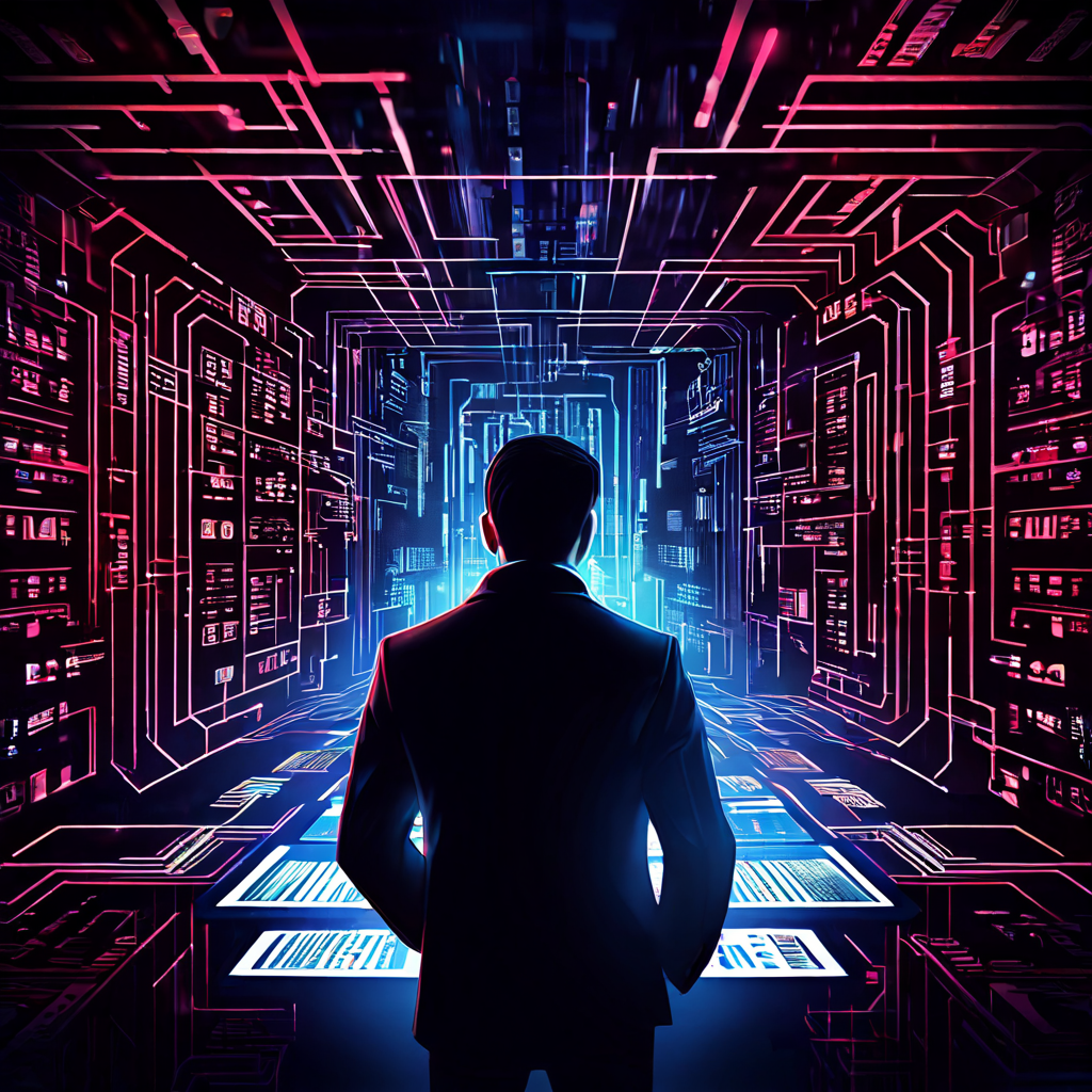 사이버 범죄 수사관들이 IP 주소와 금융 데이터의 복잡한 미로 속에서 익명의 공격자를 추적하고, 공격자는 자신의 디지털 발자국을 필사적으로 지우는 첨단 기술 추격전을 보여주는 이미지.