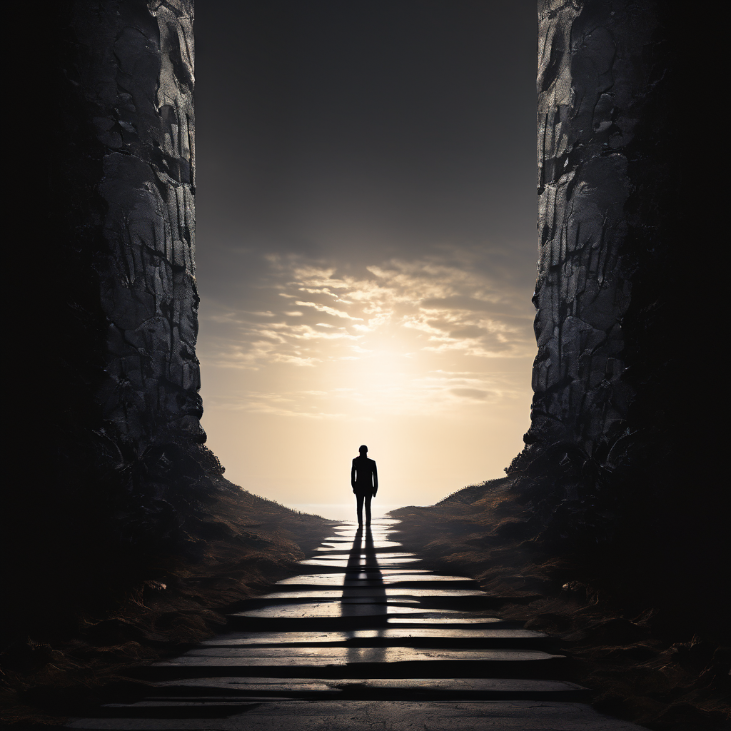 회복으로 나아가는 길을 막는 높은 심리적 장벽과 고립감을 상징적으로 표현한 이미지.