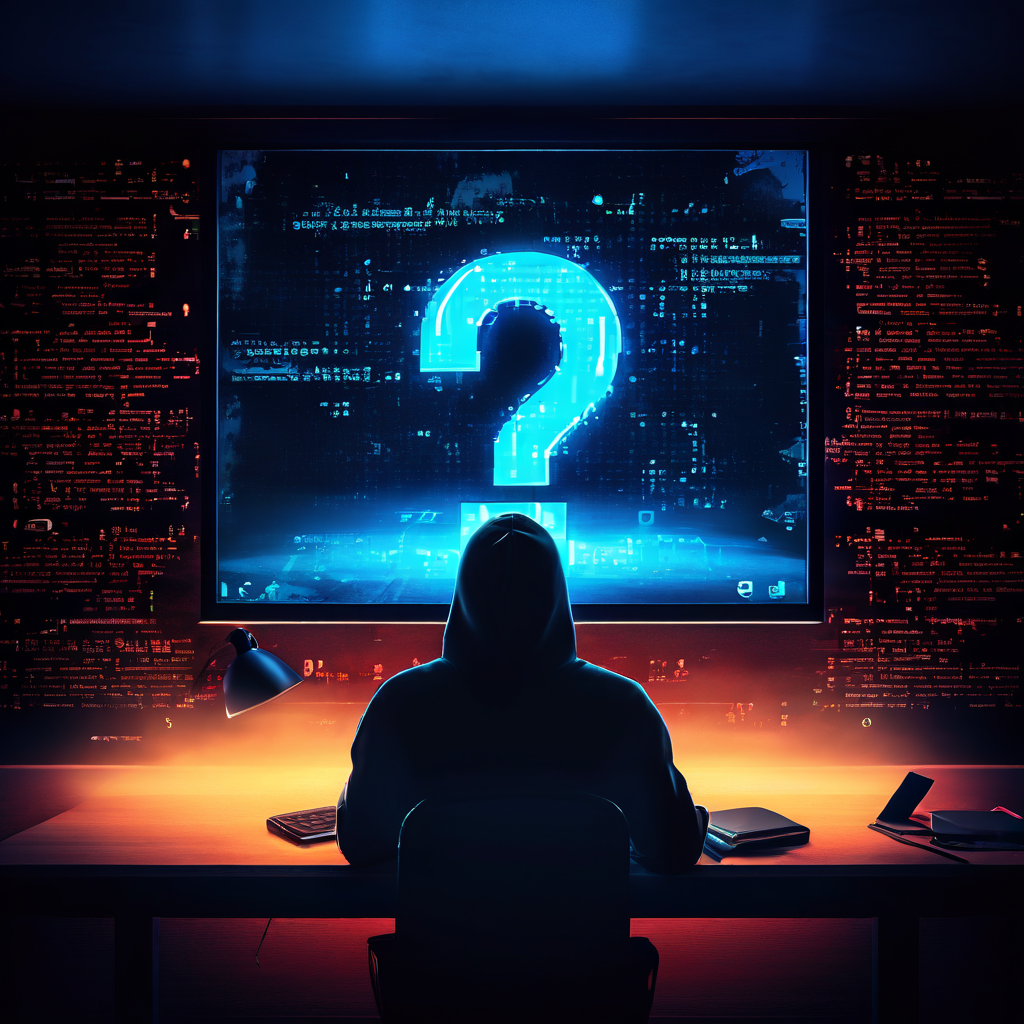 컴퓨터 화면에 나타난 해커의 위협 메시지가 단순한 협박인지 실제 사이버 공격인지에 대한 불확실성을 거대한 물음표로 상징하는 이미지.