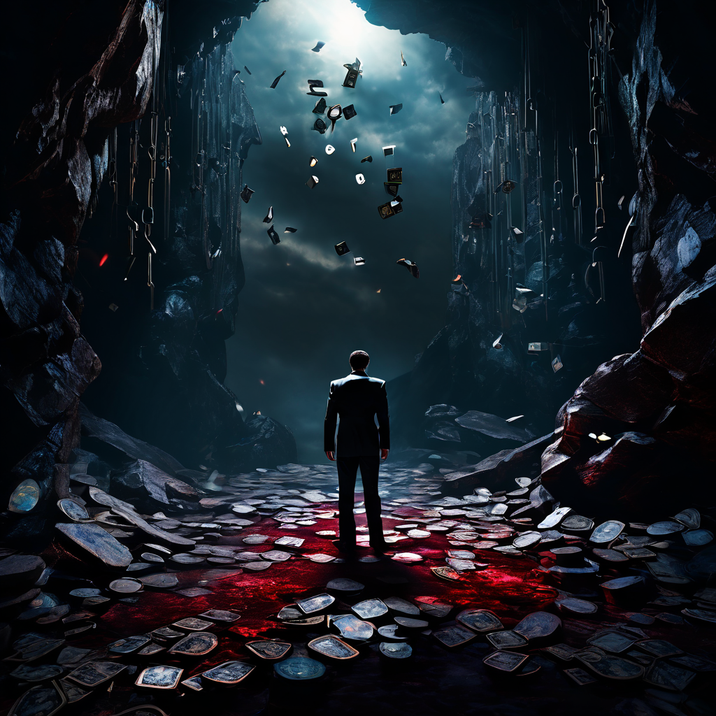 도박으로 대박을 꿈꾸는 환상과, 빚이라는 족쇄에 묶여 절망하는 어두운 현실 사이의 깊은 간극을 상징적으로 보여주는 이미지