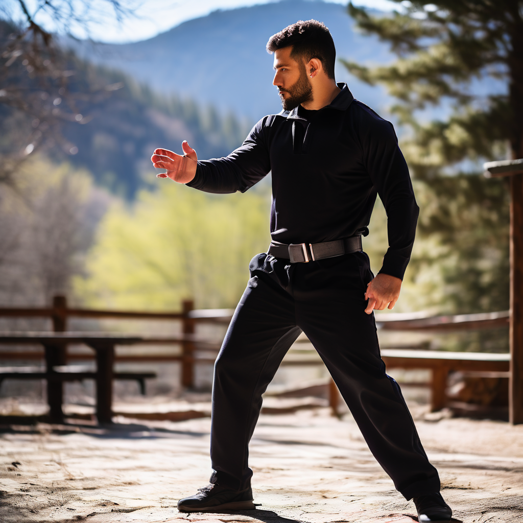 개인 안전을 지키기 위한 실용적인 호신술 방법을 자신감 있게 시연하는 모습을 통해, 위기 상황 예방 및 대처법을 구체적으로 설명하는 그림.