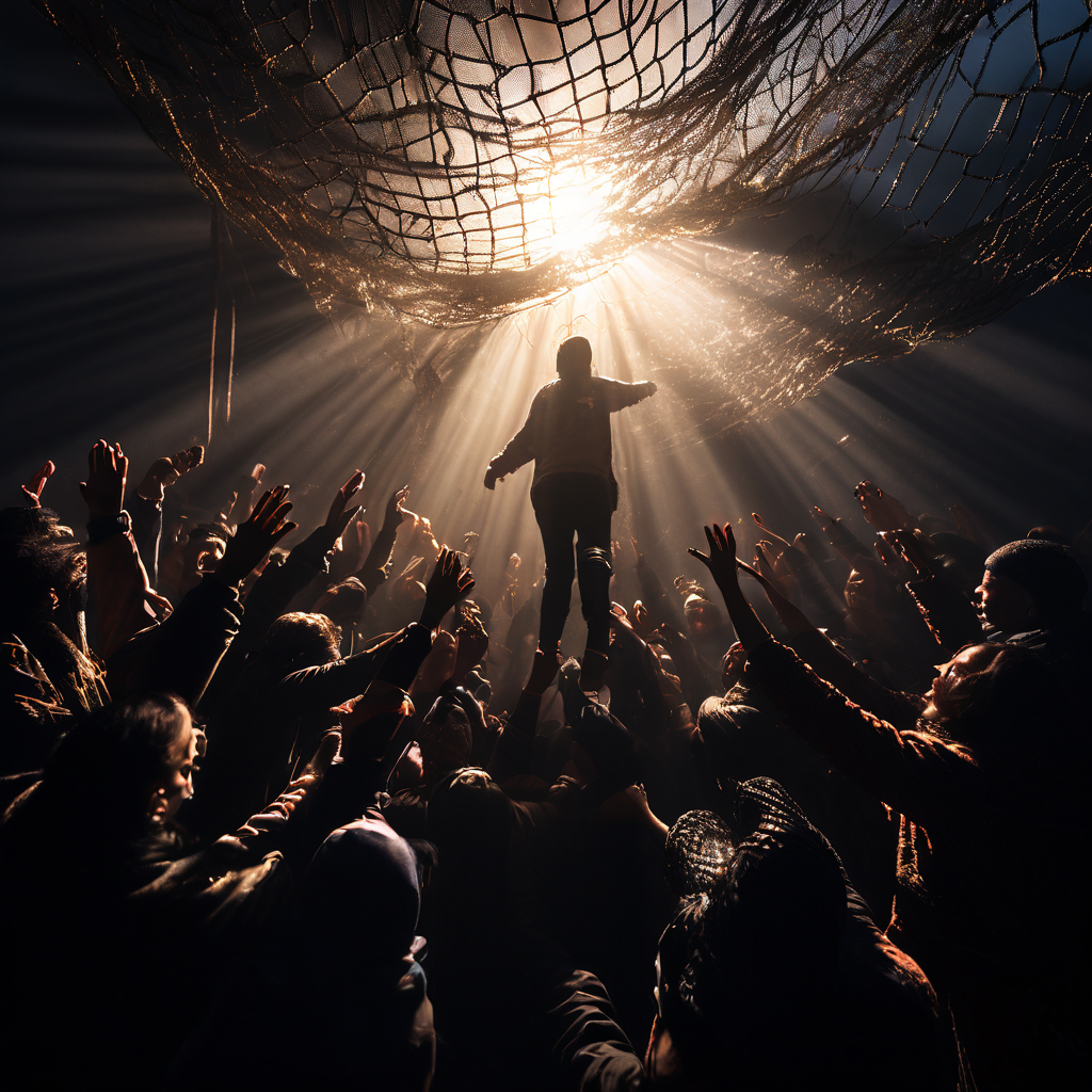 무너진 사회 안전망 아래, 공동체의 연대가 새로운 희망의 안전망이 되어주는 상징적 이미지