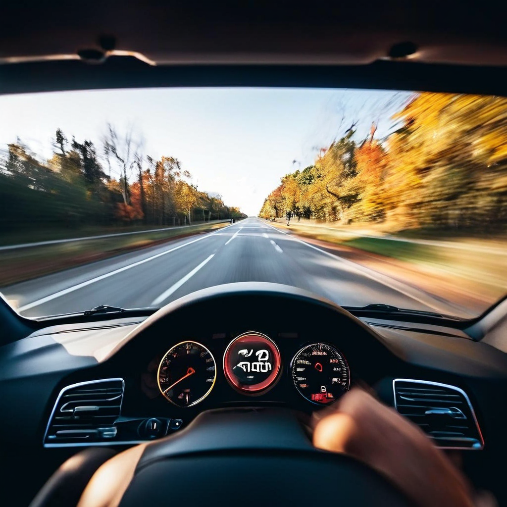 운전 중 빠르게 스쳐가는 흐릿한 풍경과 선명한 속도계를 나란히 비교하며, 주관적인 체감 속도와 객관적인 실제 속도 간의 인지적 차이를 물음표로 표현한 그림.