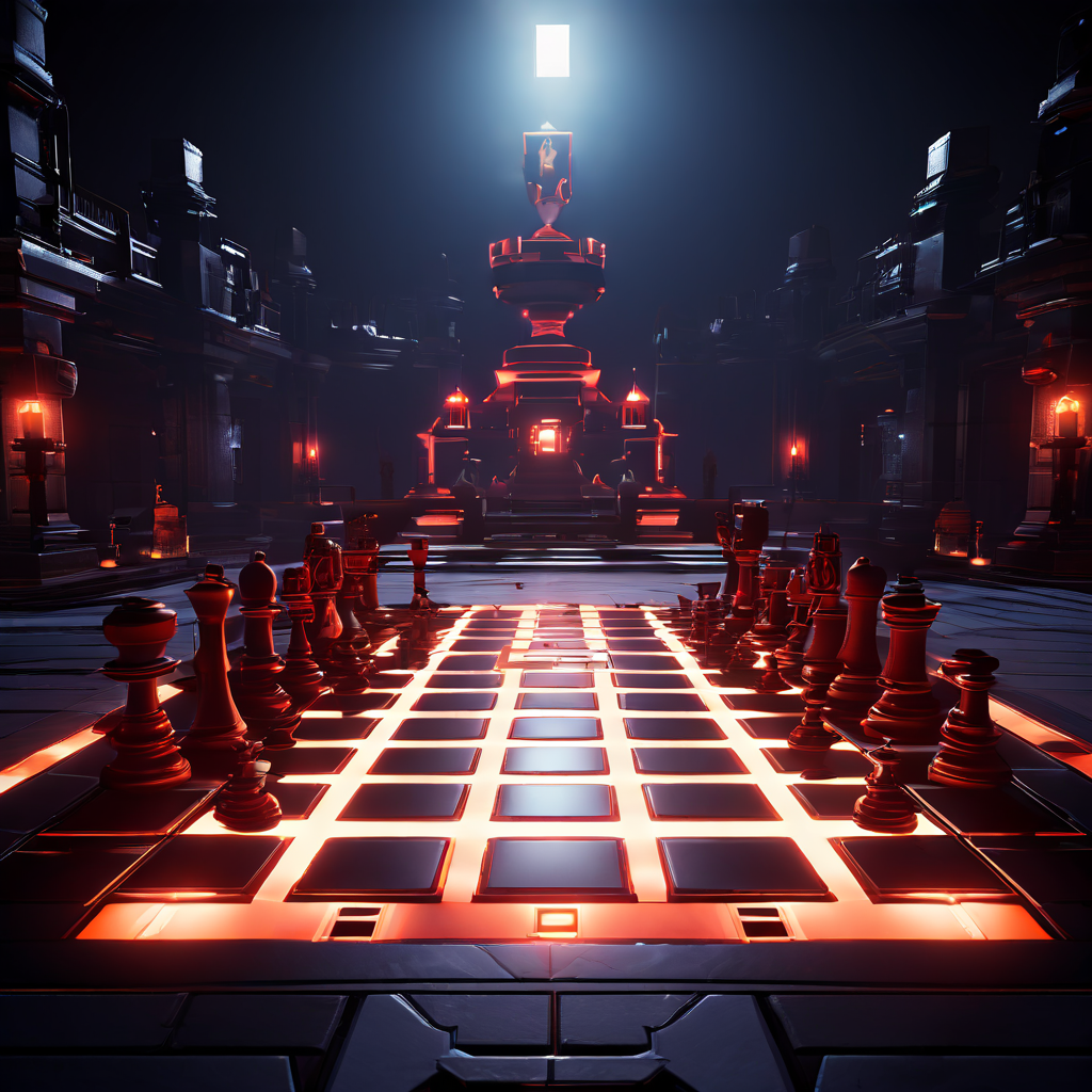 하이테크 기술을 활용해 1인칭 전술 게임의 플레이 화면을 거대한 체스판처럼 시각화하여 전략적 의사결정의 중요성을 보여주는 이미지