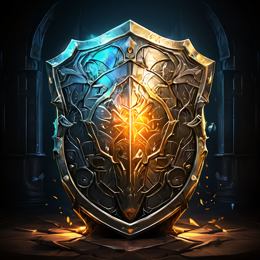 품질 보증 QA 프로세스를 상징하는 빛나는 방패가 안정성과 신뢰성이라는 핵심 가치가 새겨진 견고한 기반을 보호하며 제품의 근본적인 가치를 지키는 모습을 보여주는 이미지.