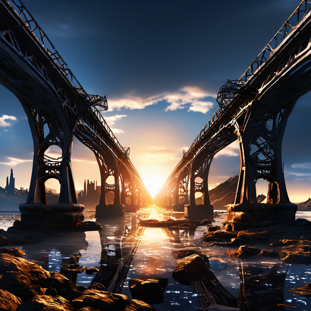 오래된 다리가 빛으로 이루어진 미래형 다리로 변화하며, 단순 기술 이전을 넘어선 API 마이그레이션의 혁신적인 진화 과정을 상징적으로 보여주는 그림.