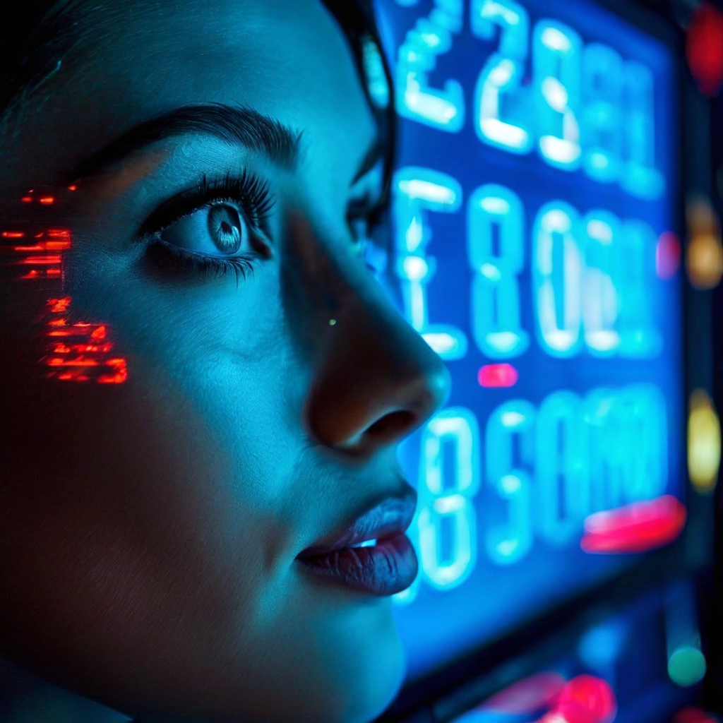 점점 커지는 잭팟 숫자를 보며 희망과 욕망에 가득 찬 눈빛을 통해 인간의 기대 심리와 동기부여 원리를 설명하는 이미지.