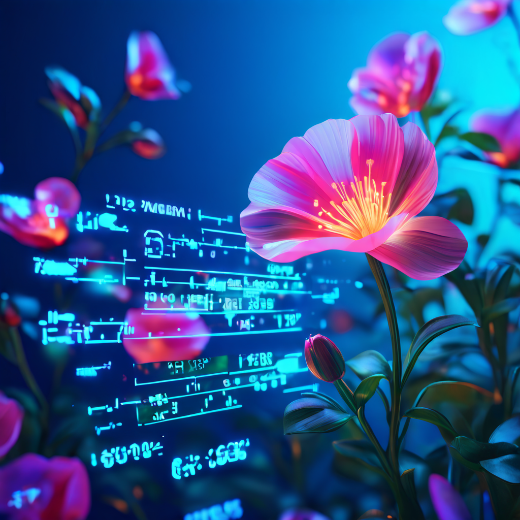 디지털 뱅킹 계좌이체 알림에서 빛나는 숫자들이 흘러나와 희망을 상징하는 꽃으로 피어나며, 단순한 금융 거래가 미래의 가치로 성장하는 과정을 보여주는 상징적인 이미지.