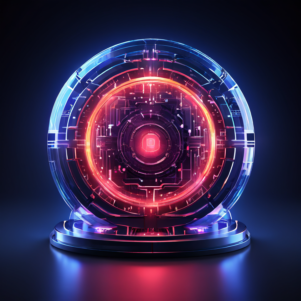 첨단 사이버 보안 기술로 구현된 다층 방어막이 중앙의 핵심 데이터를 안전하게 보호하며 무결성을 검사하는 디지털 요새를 보여주는 이미지.